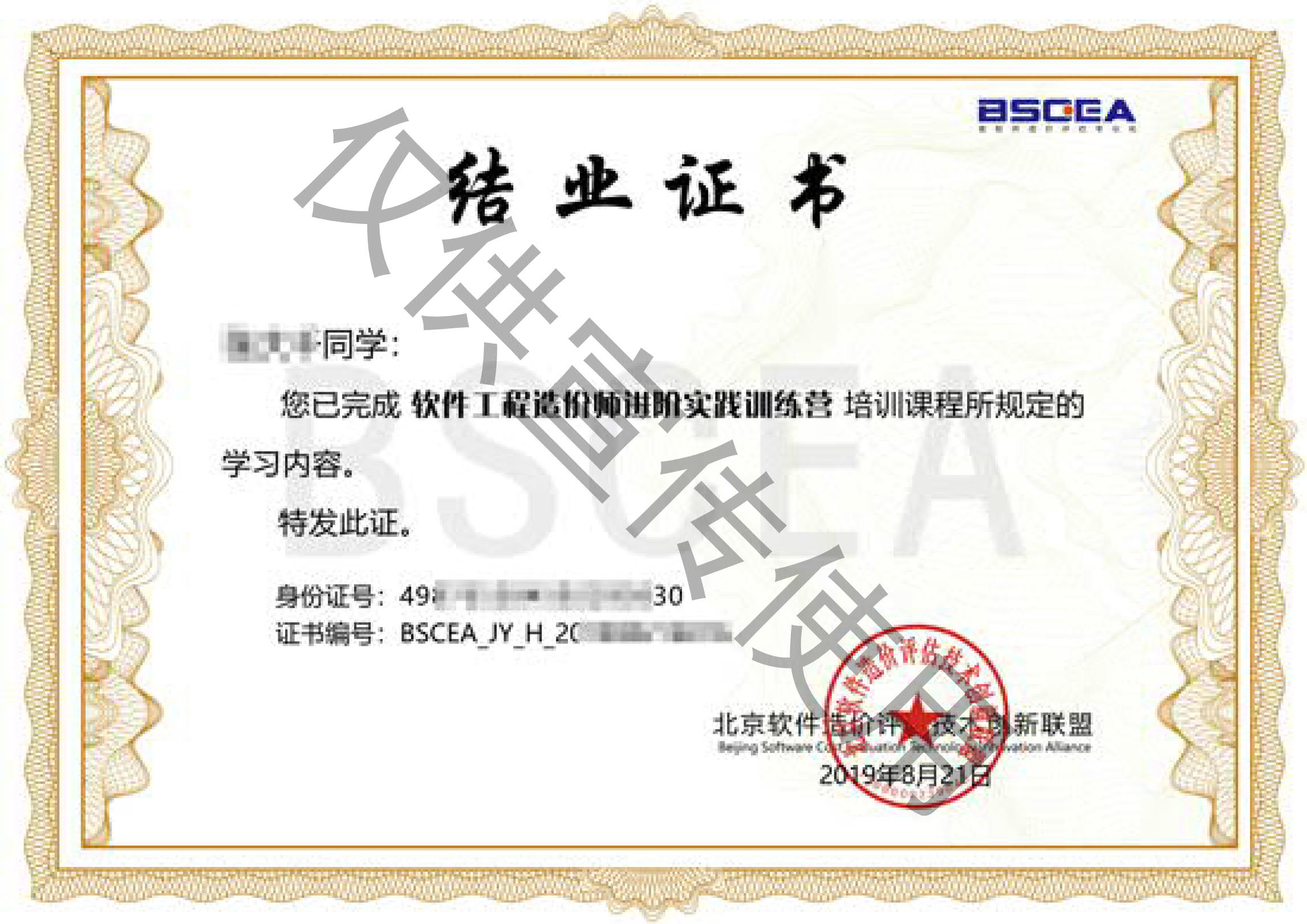 软件工程造价师进阶实践训练营结业证书